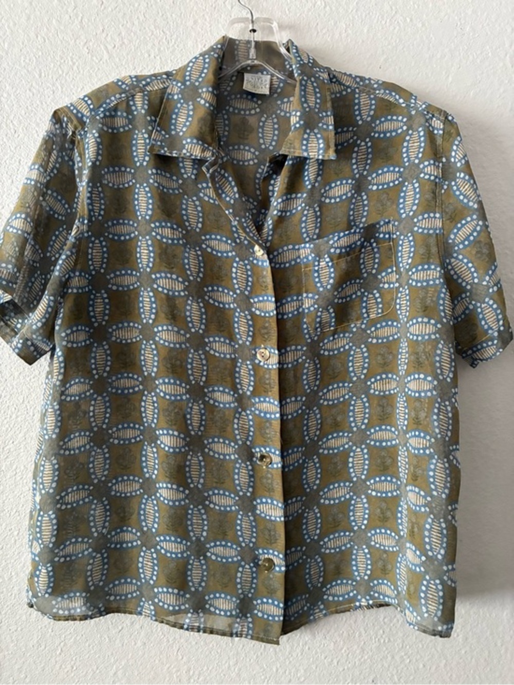 United Colors Of Benetton Olive & Blue Short-Sleeve Sheer Button-Down 90s Shirt